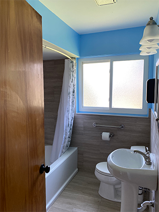 A bathroom with blue walls and wood paneling.